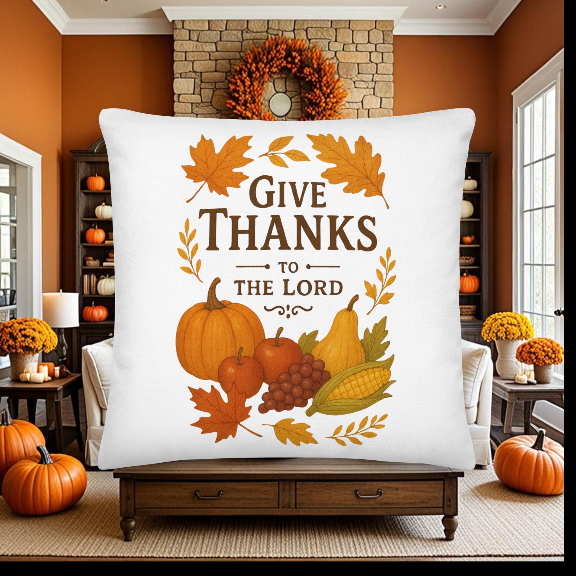 “Give Thanks to the Lord” Thanksgiving Pillow – Christian Fall Decor with Bible Verse - Inspired by True Love