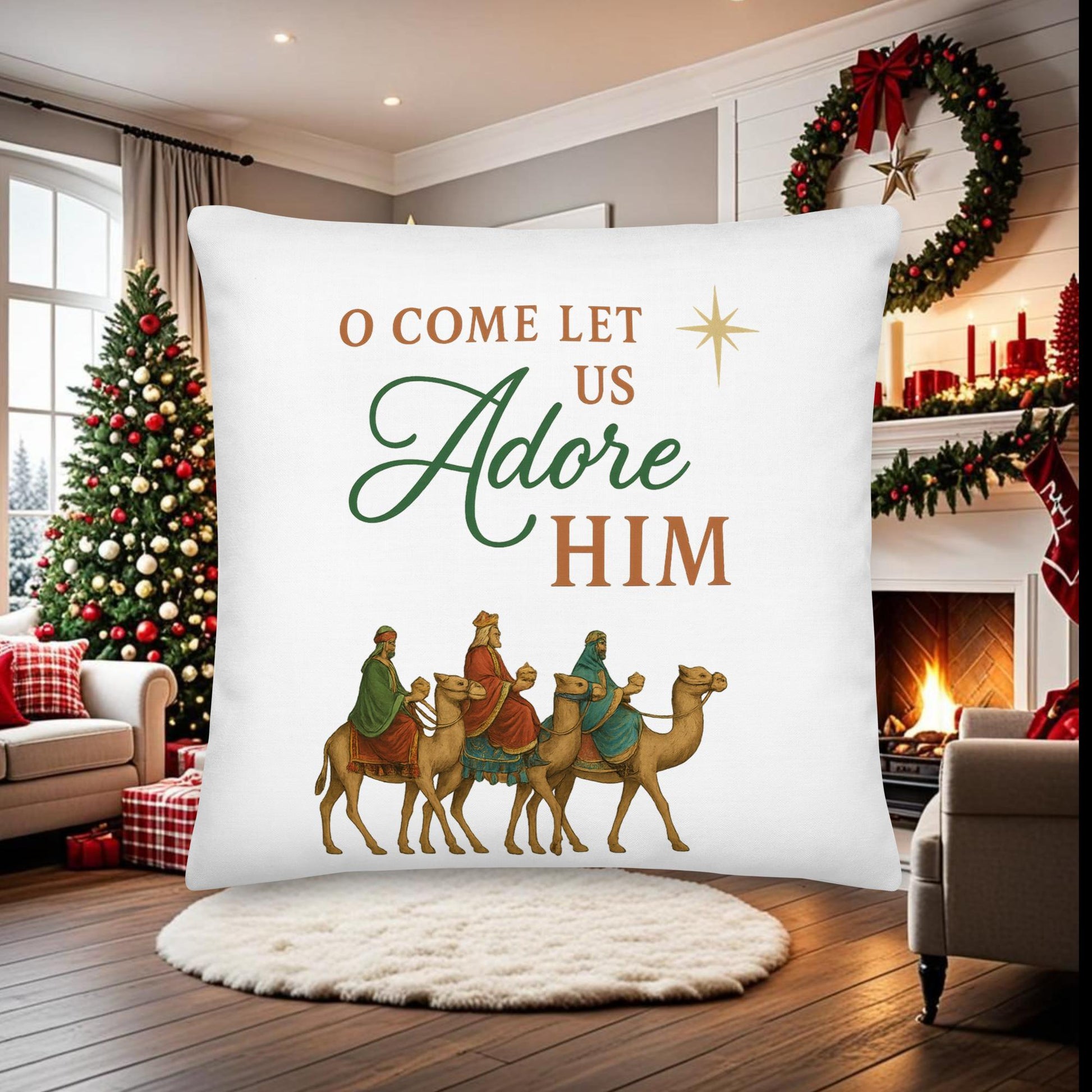 O Come Let Us Adore Him Christmas Pillow – Christian Holiday Decor – Nativity Throw Pillow – Religious Christmas Accent - Inspired by True Love