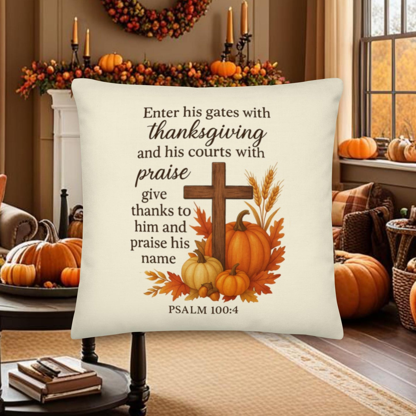 Psalm 100:4 Pillow – Enter His Gates with Thanksgiving Scripture Decor - Inspired by True Love