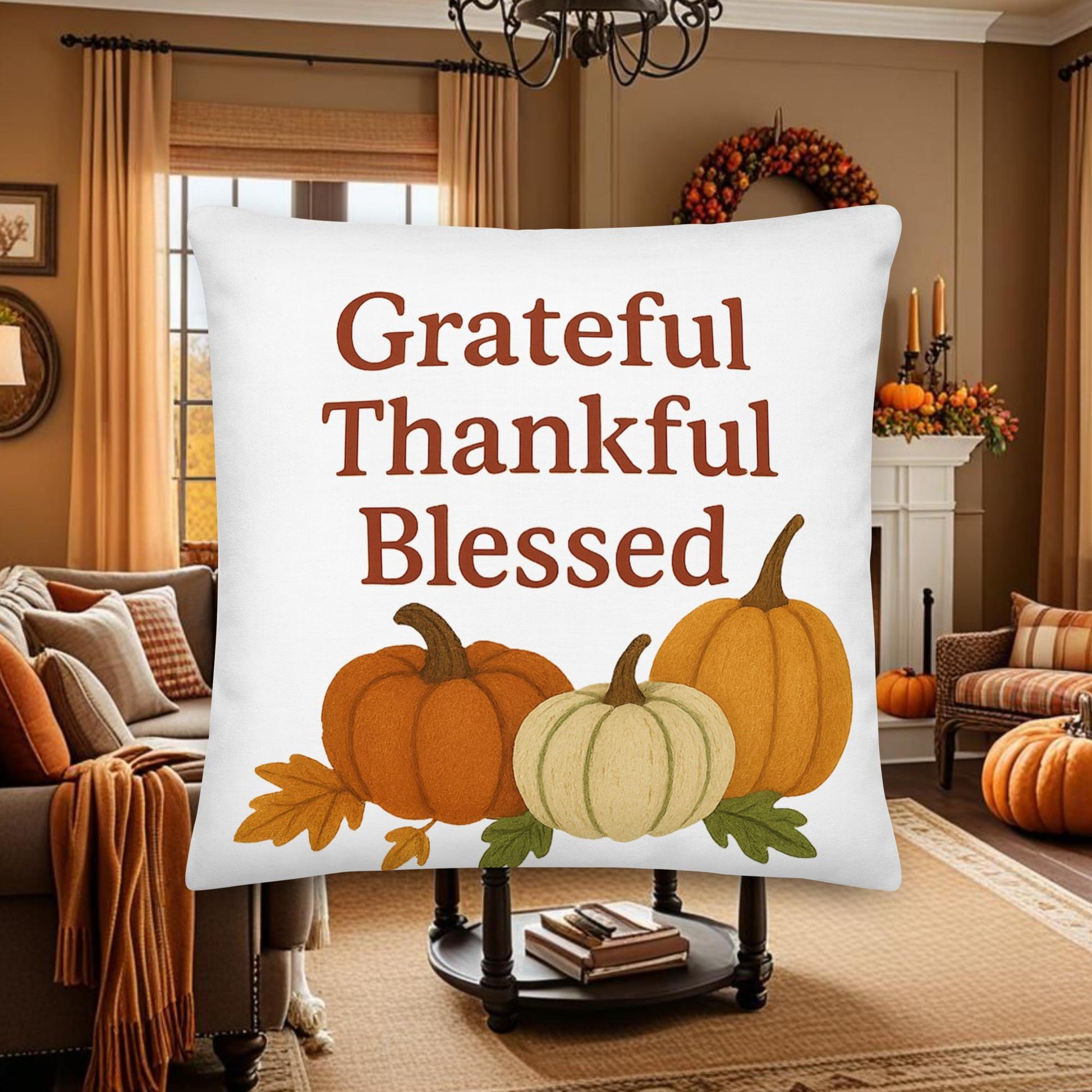 Grateful Thankful Blessed Thanksgiving Pillow – Fall Home Decor Accent Cushion - Inspired by True Love