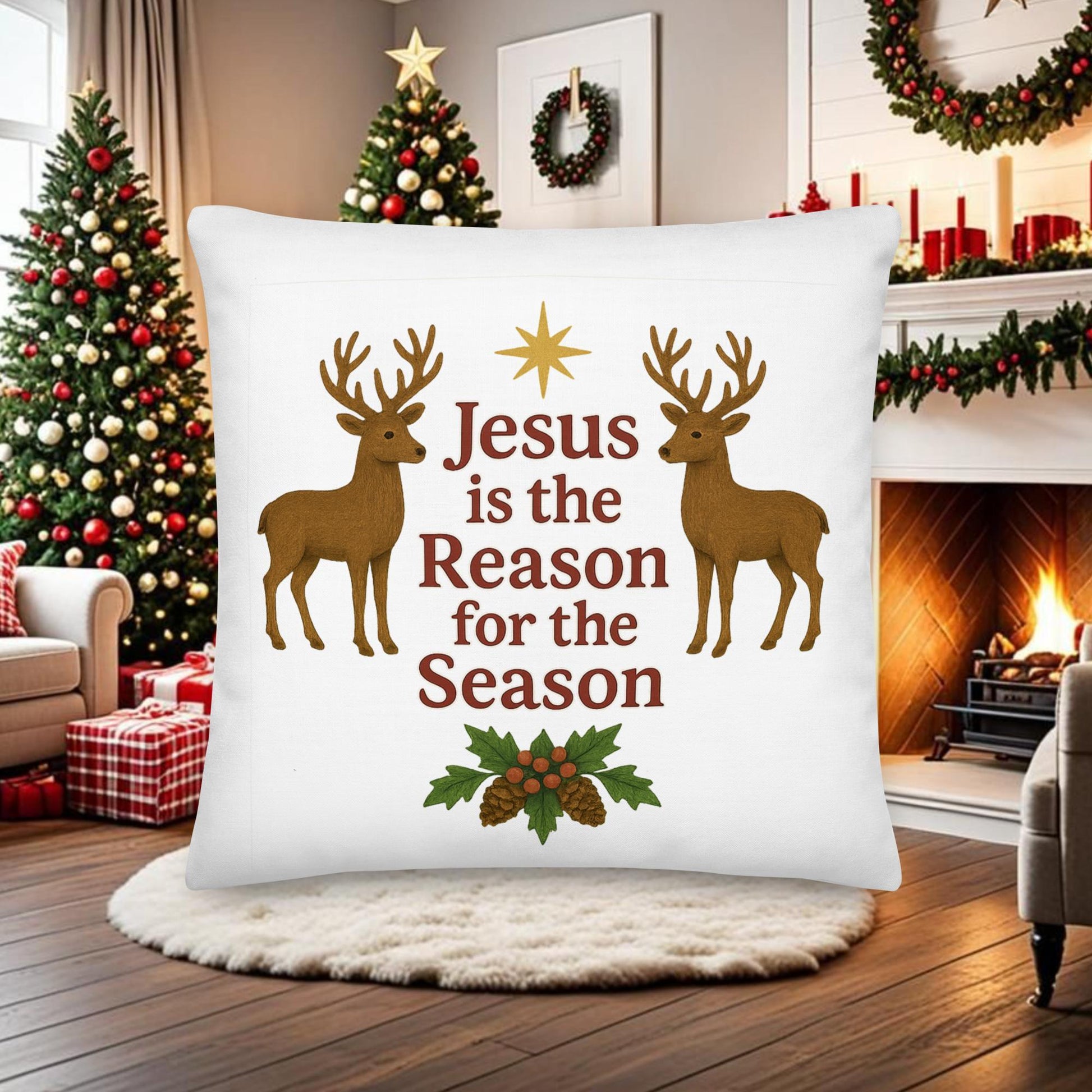 Christmas Pillow – Jesus is the Reason for the Season | Holiday Scripture Throw Pillow - Inspired by True Love