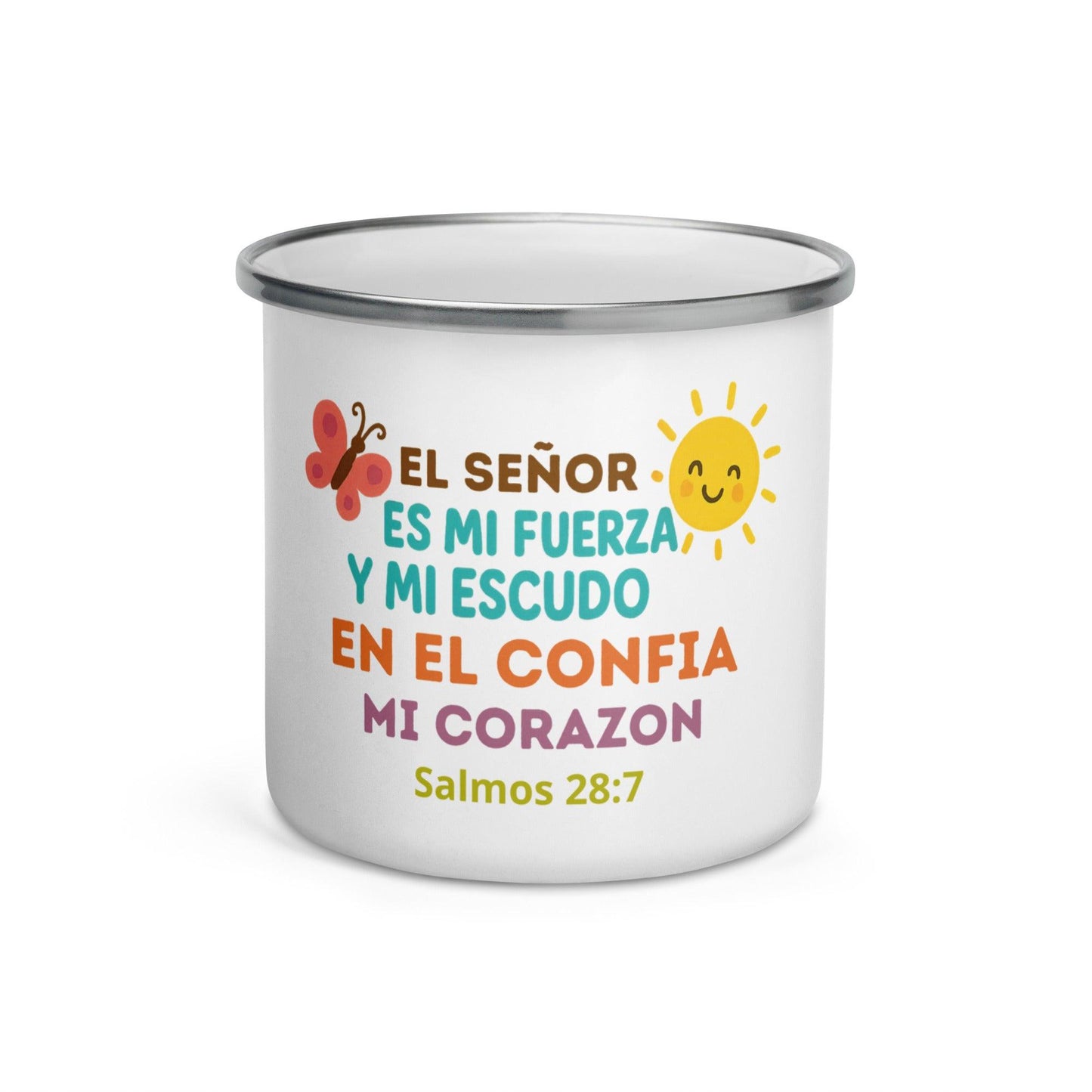 Psalm 28:7 Spanish Scripture Kids Mug – The Lord Is My Strength Enamel Cup - Inspired by True Love