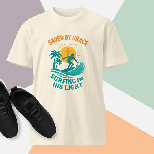 Christian Surf Tee – Saved by Grace Surfing in His Light | Unisex Faith T-Shirt for Beach Lovers - Inspired by True Love